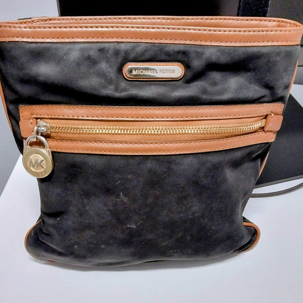 Michael Kors Crossbody Handbag Kempton Black & Brown Nylon & Leather Trim
